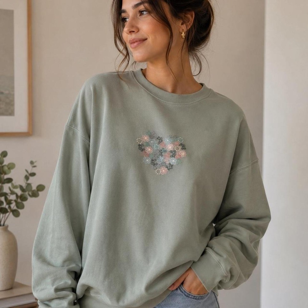 Mint green crewneck sweatshirt with floral heart design. Size: L'